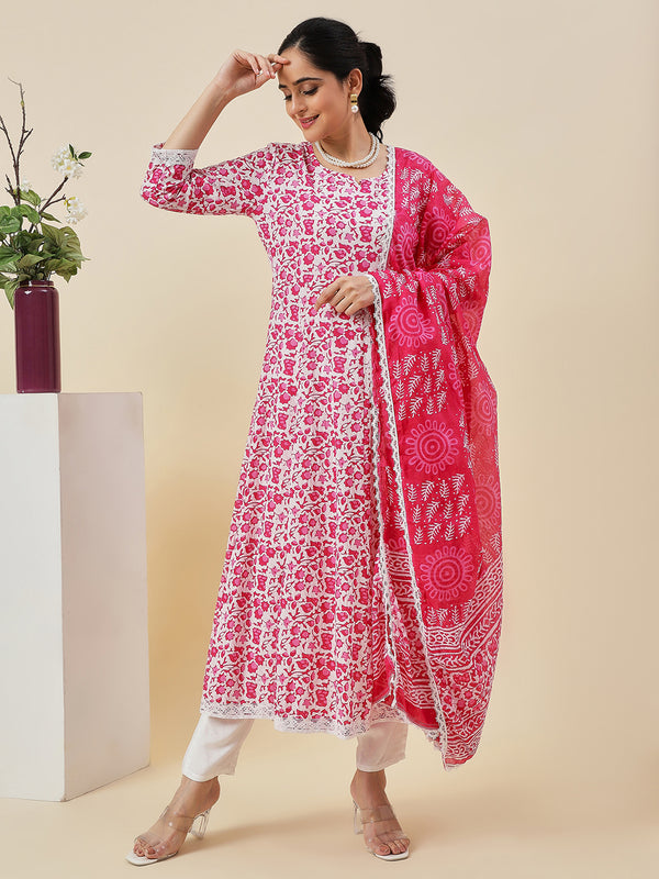 Womens Cotton Blend Kurta Pant Set With Dupatta