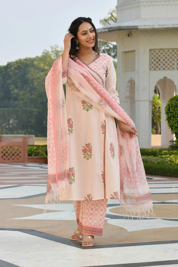 Beige Cotton Floral Printed Kurta Palazzo Set With Dupatta