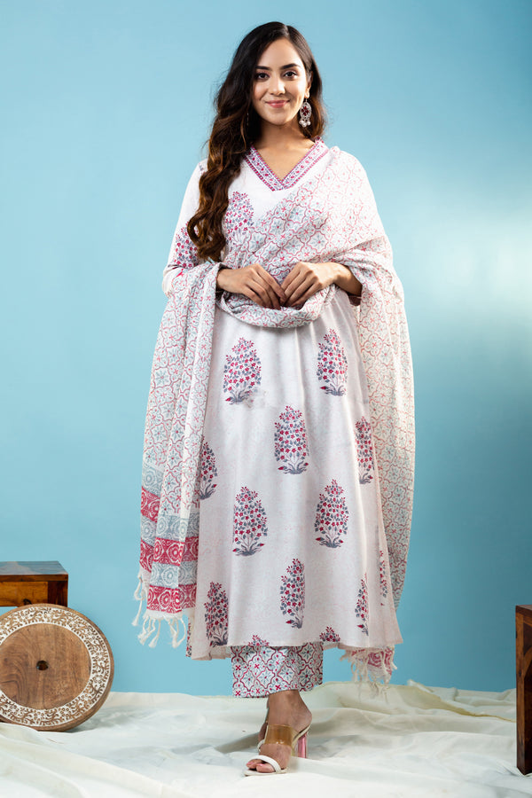 Women White Cotton Floral Printed Kurta Pant Set With Dupatta