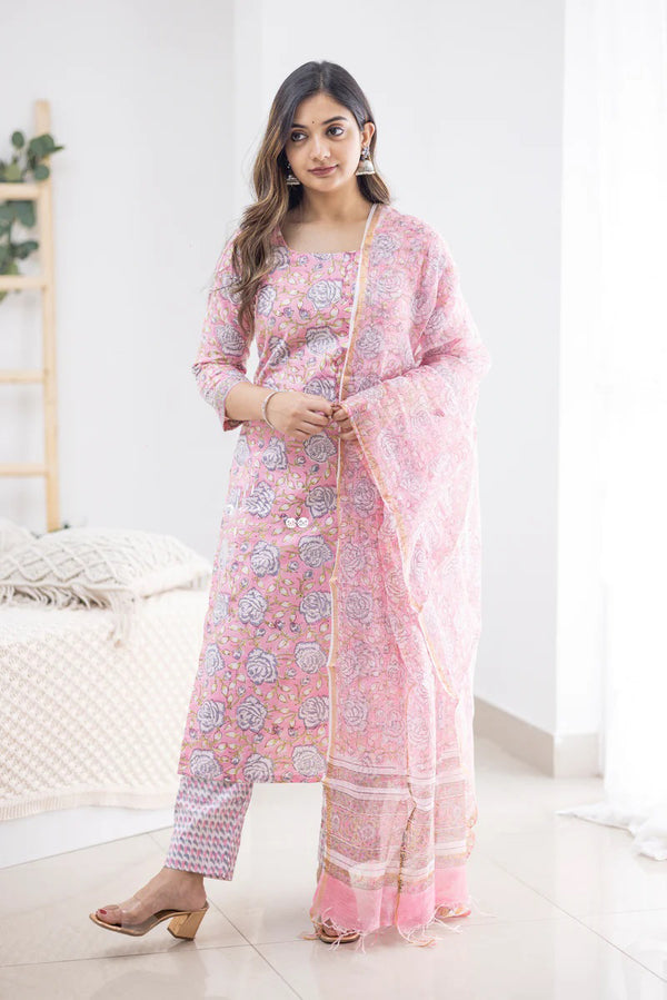 Womens Cotton Blend Kurta Pant Set With Dupatta