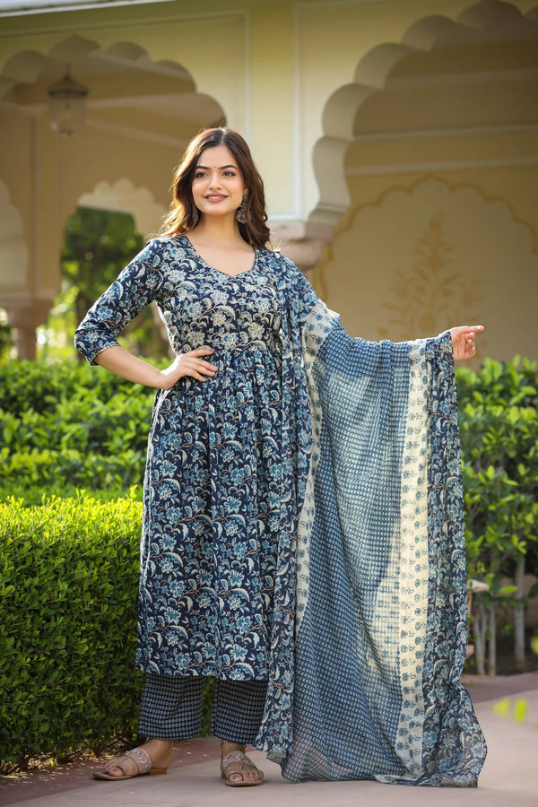 Womens Navy Blue Cotton Kurta Pant Set With Dupatta