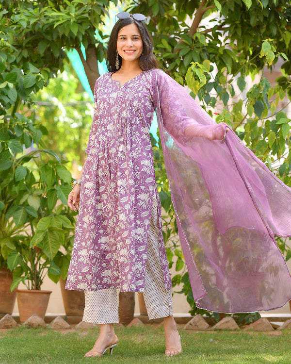 Womens Purple Cotton Kurta Pant Set With Dupatta