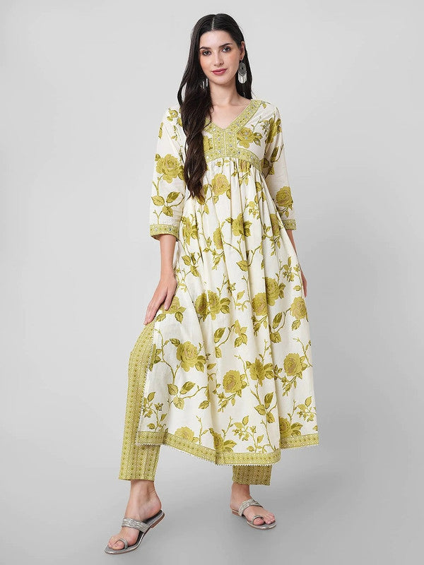 Women's Olive Cotton Printed Kurta Set With Dupatta - Malishka Export