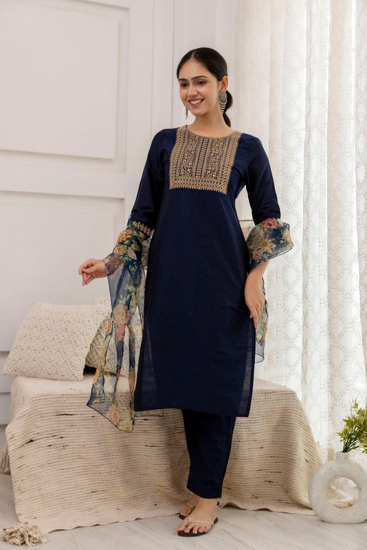 Women's Navy Blue Cotton Silk Embroidery Kurta Pant Set With Dupatta - Malishka Export