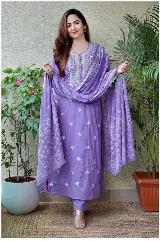 Women's Lavender Viscose Embroidered Floral Kurta Pant With Dupatta - Malishka Export