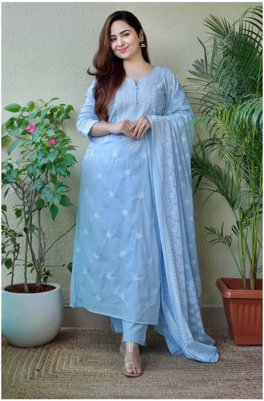 Women's Sky Blue Viscose Embroidered Floral Kurta Pant With Dupatta - Malishka Export