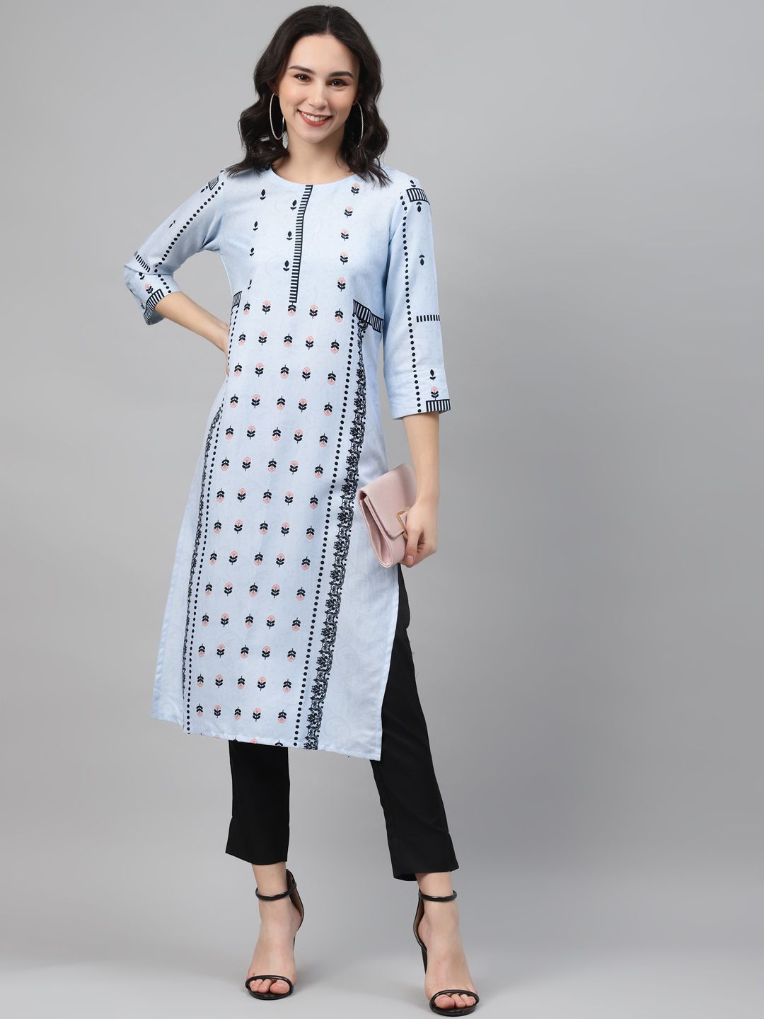 Women's Blue Color Screen Print Straight Kurta And Pant Set - Ziyaa