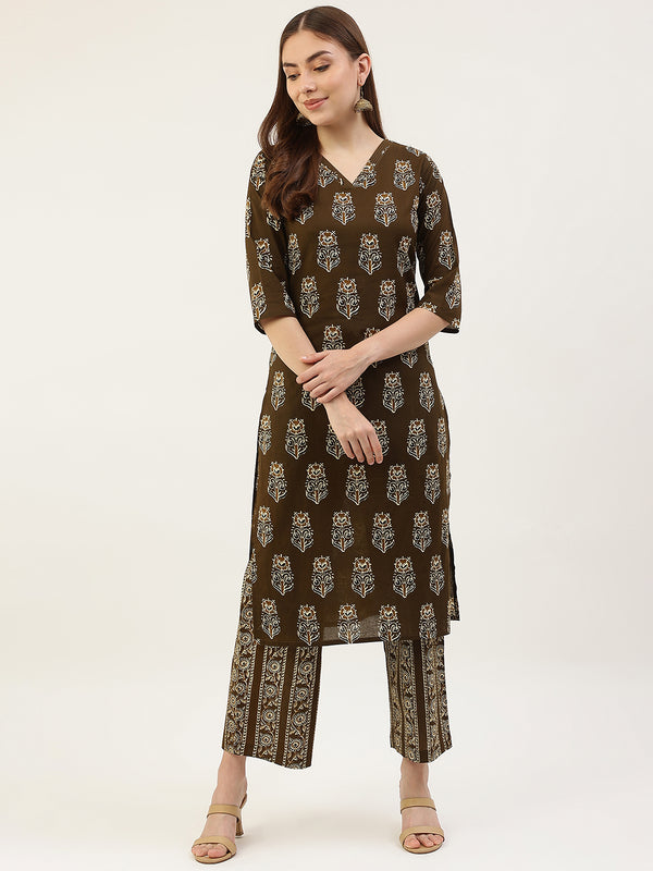 Mahendi Green Cotton Straight Printed Work Kurta Sets