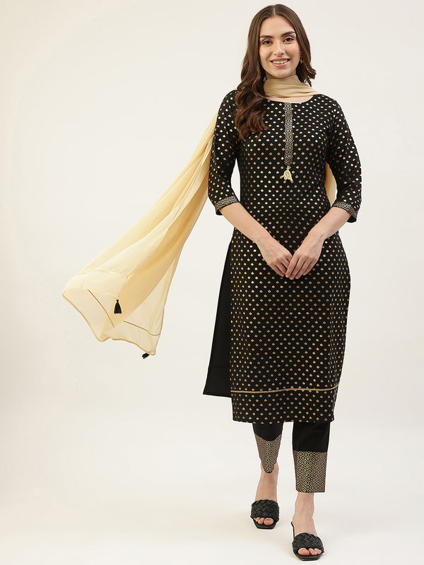 Black Poly Crepe Straight Printed Work Kurta Sets