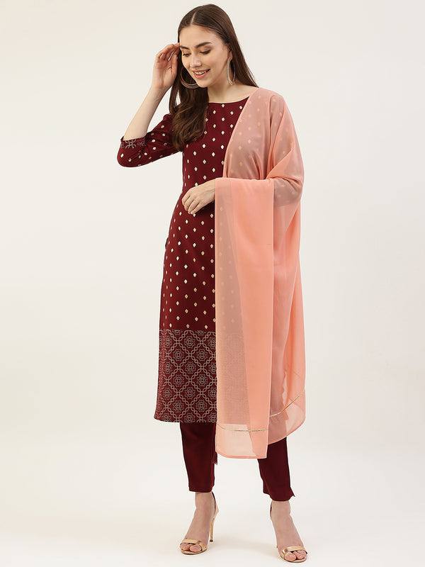 Maroon Poly Crepe Straight Printed Work Kurta Sets