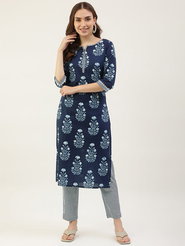 Blue Pure Cotton Straight Printed Work Kurta Sets