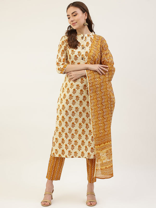 Yellow Cotton Straight Printed Work Kurta Sets