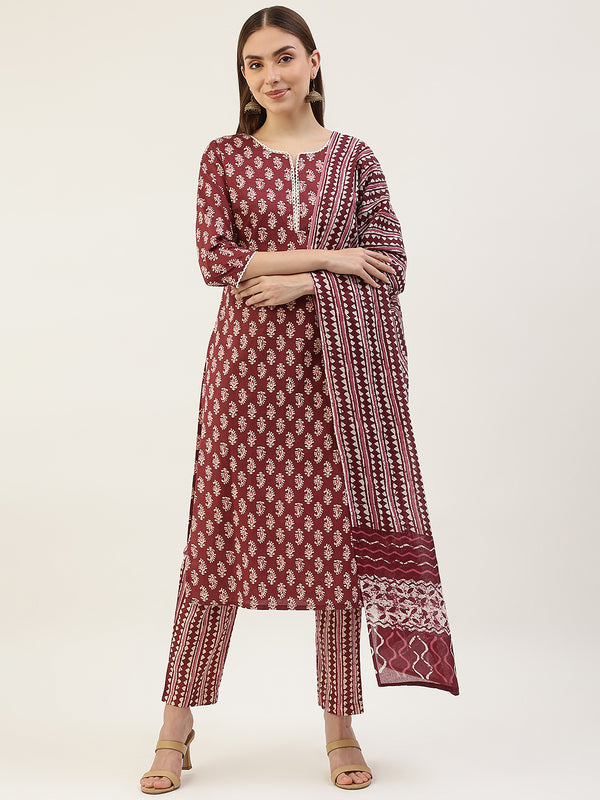 Maroon Cotton Straight Printed Work Kurta Sets