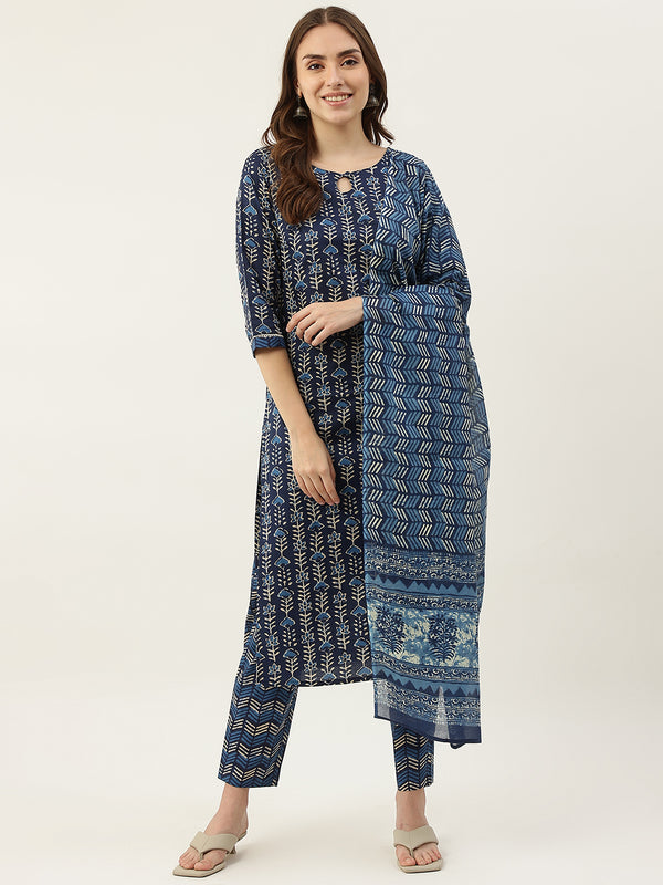 Blue Cotton Straight Printed Work Kurta Sets