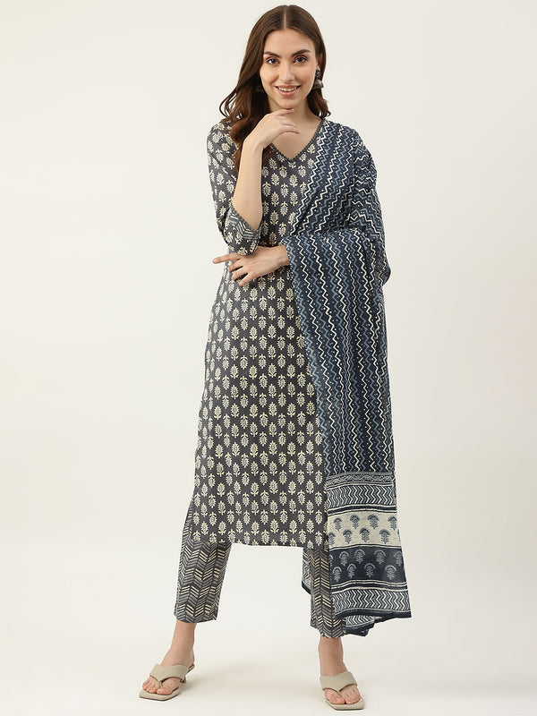 Grey Cotton Straight Printed Work Kurta Sets