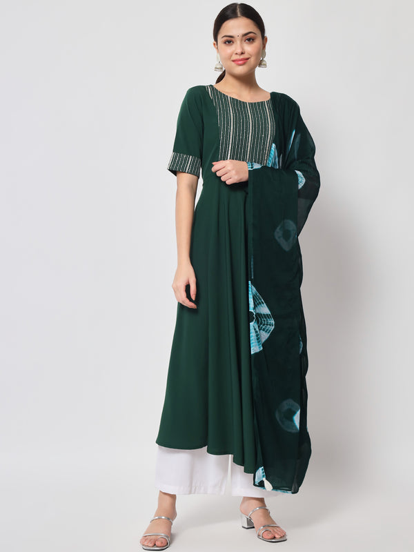 Bottle Green Poly Crepe Flared Printed Work Kurta Sets