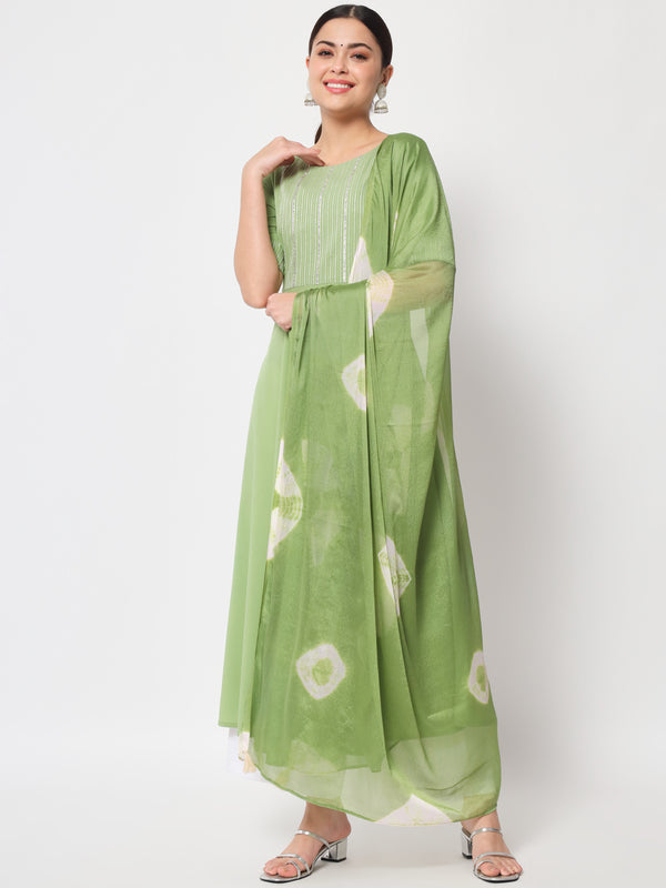 Pista Green Poly Crepe Flared Printed Work Kurta Sets