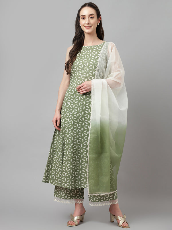 Green Lurex Cotton Flared Printed Work Kurta Sets