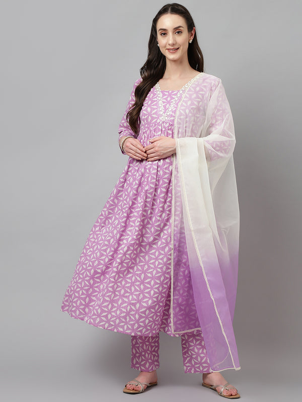 Lavender Lurex Cotton Flared Printed Work Kurta Sets