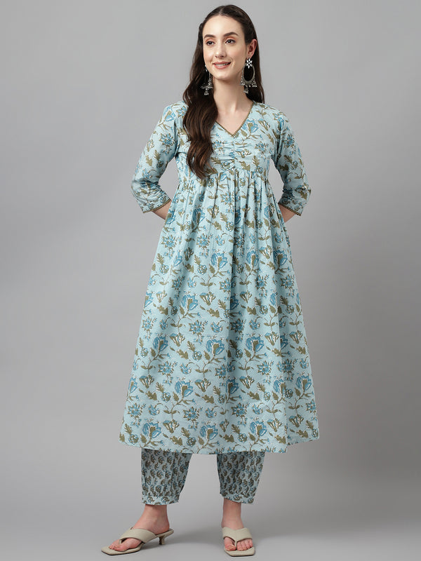 Sky Blue Pure Cotton Flared Printed Work Kurta Sets