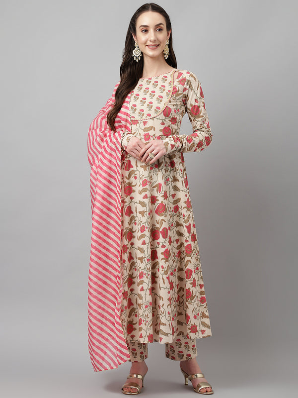 Beige Pure Cotton Flared Printed Work Kurta Sets