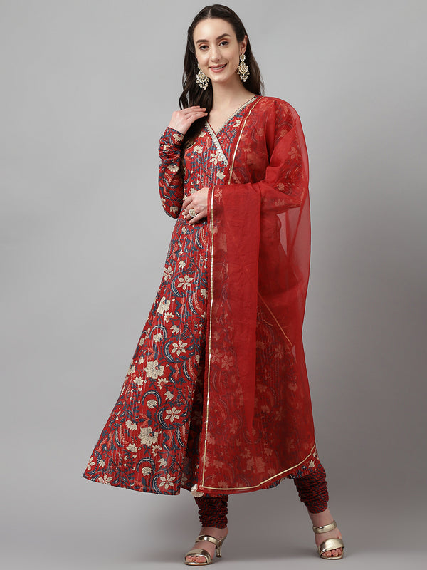 Rust Pure Cotton Flared Printed Work Kurta Sets