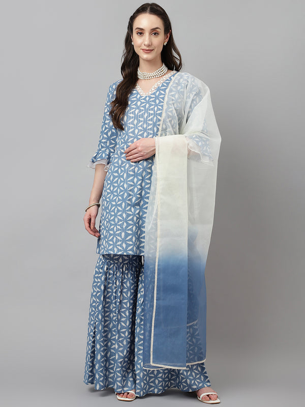 Teapot Blue Pure Cotton A-Line Printed Work Kurta Sets