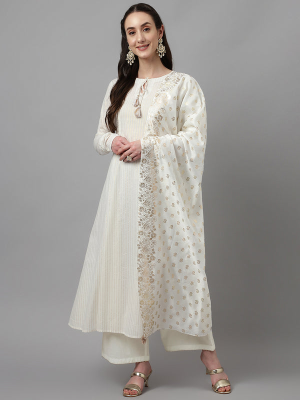 White Pure Cotton Flared Printed Work Kurta Sets