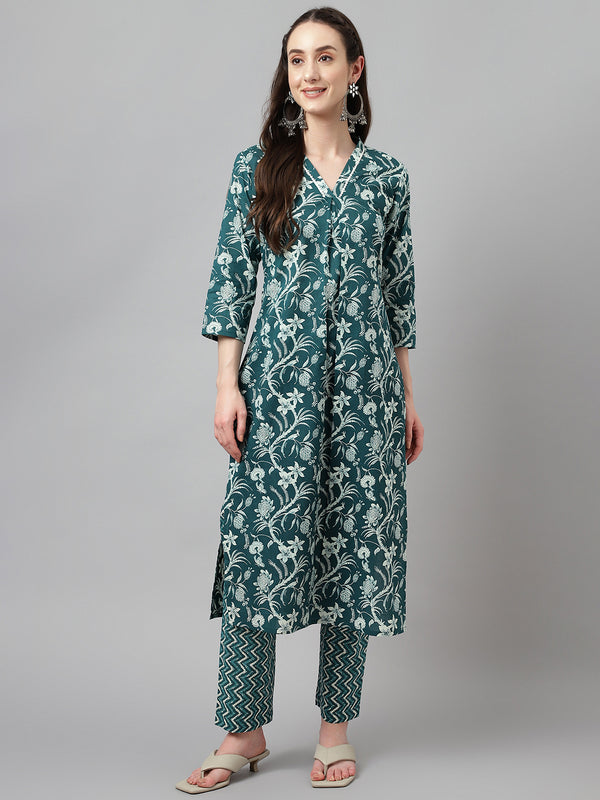 Teal Green Cotton A-Line Printed Work Kurta Sets