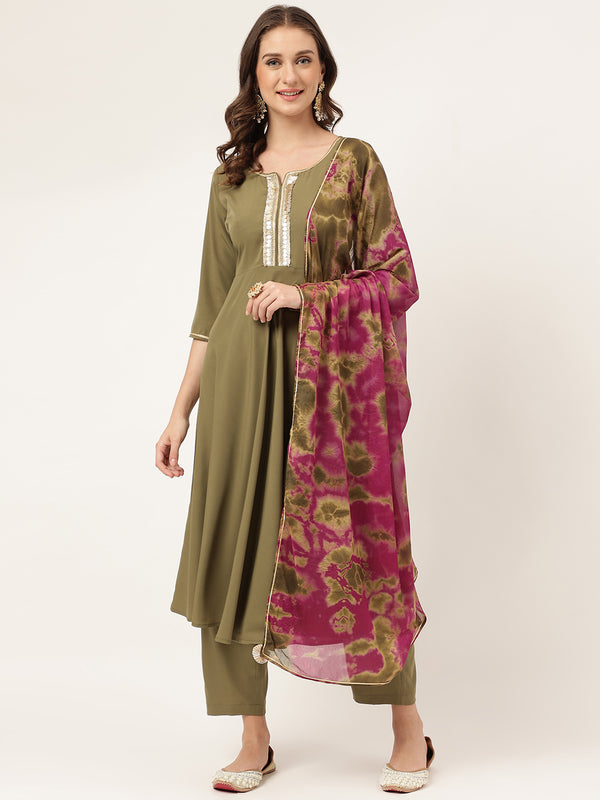 Olive Poly Crepe A-Line Printed Work Kurta Sets