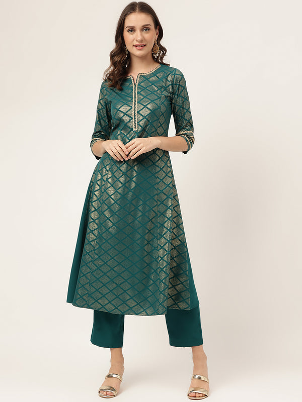 Teal Green Poly Crepe A-Line Foli Prinrt Work Kurta Sets