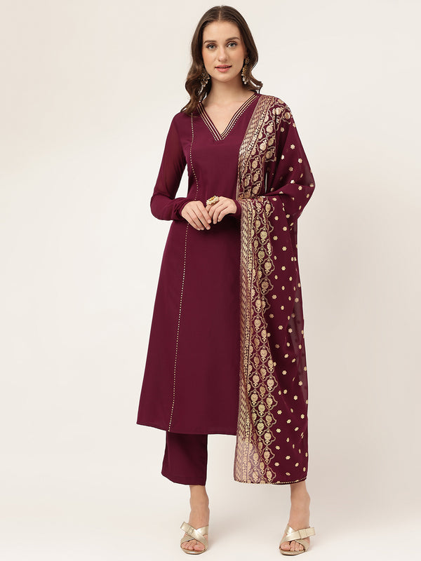 Purple Poly Crepe A-Line Printed Work Kurta Sets