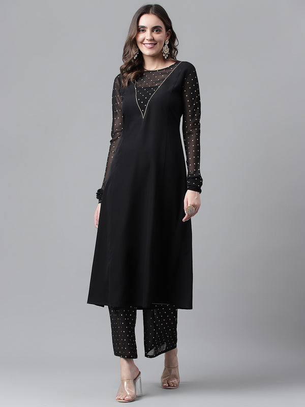 Black Poly Crepe A-Line Printed Work Kurta Sets