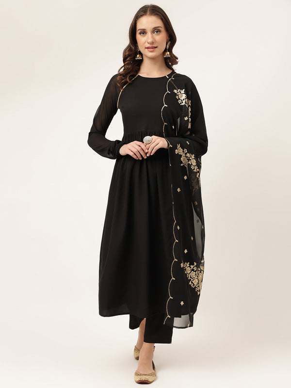 Black Poly Crepe Flared Printed Work Kurta Sets