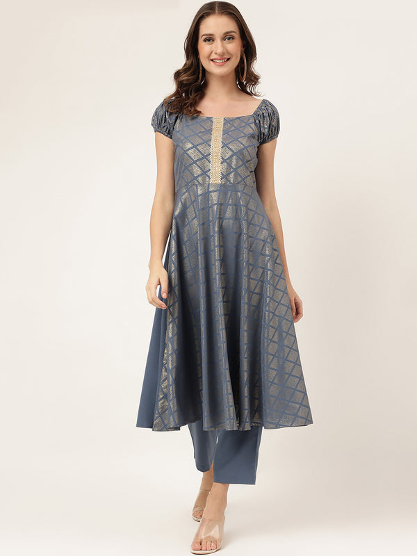 Light Blue Poly Crepe A-Line Printed Work Kurta Sets