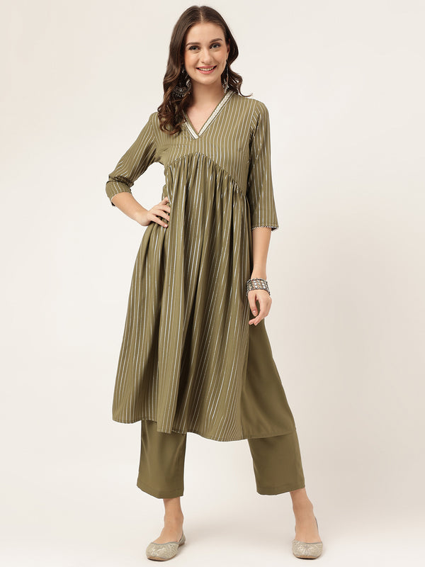 olive Green Poly Crepe A-Line Printed Work Kurta Sets