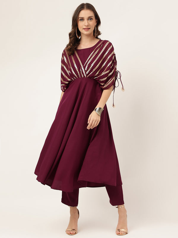 Wine Poly Crepe A-Line Printed Work Kurta Sets