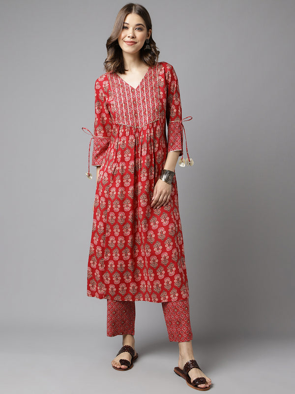 Red Cotton A-Line Printed Work Kurta Sets