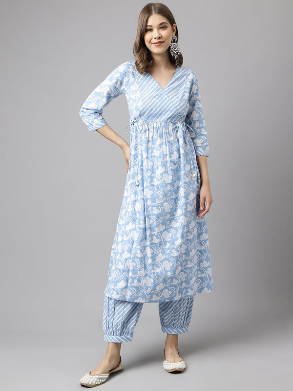 Blue Cotton A-Line Printed Work Kurta Sets