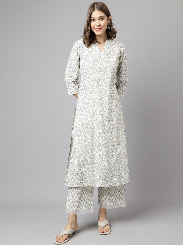 Off White Cotton A-Line Printed Work Kurta Sets