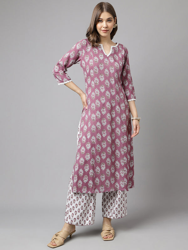 Mauve Cotton A-Line Printed Work Kurta Sets