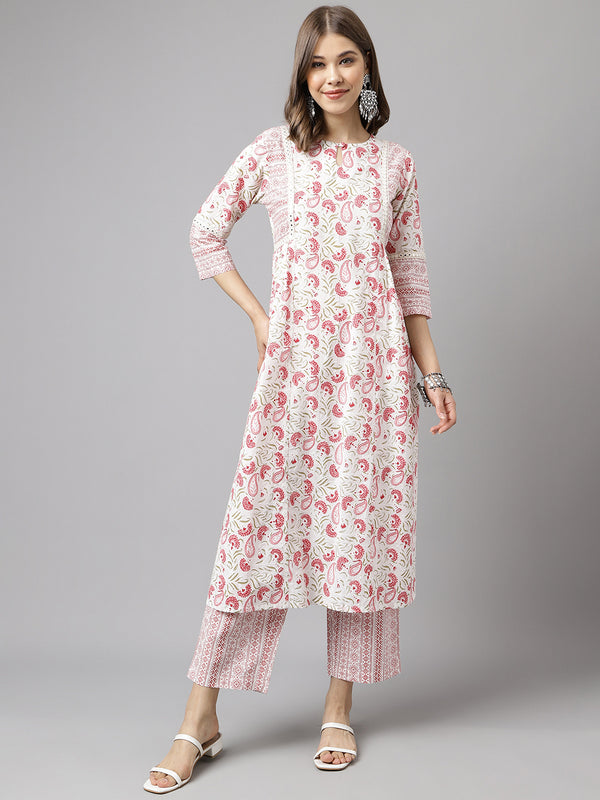 White Cotton A-Line Printed Work Kurta Sets