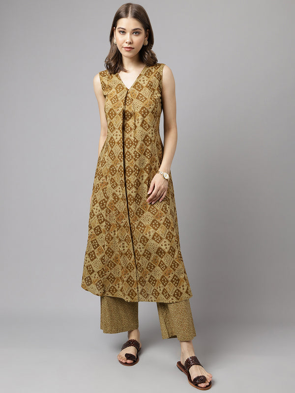 Brown Cotton A-Line Printed Work Kurta Sets