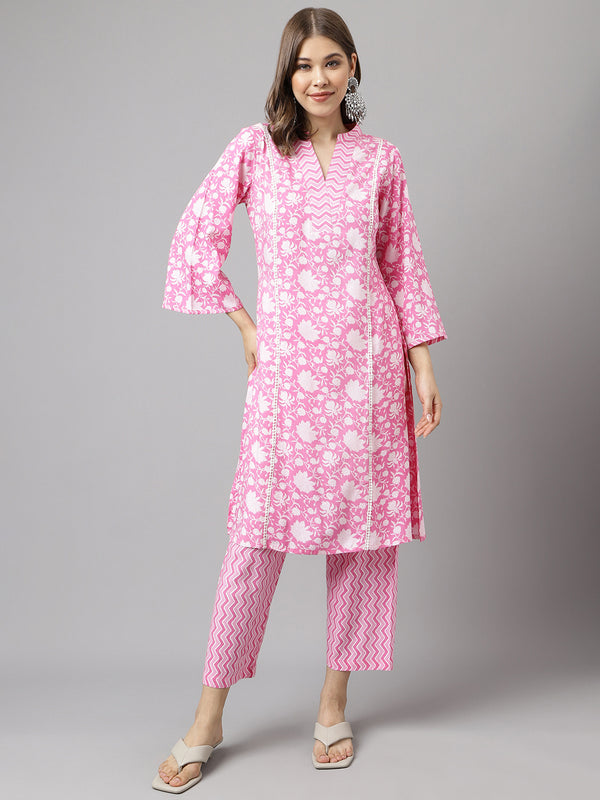 Pink Cotton A-Line Printed Work Kurta Sets