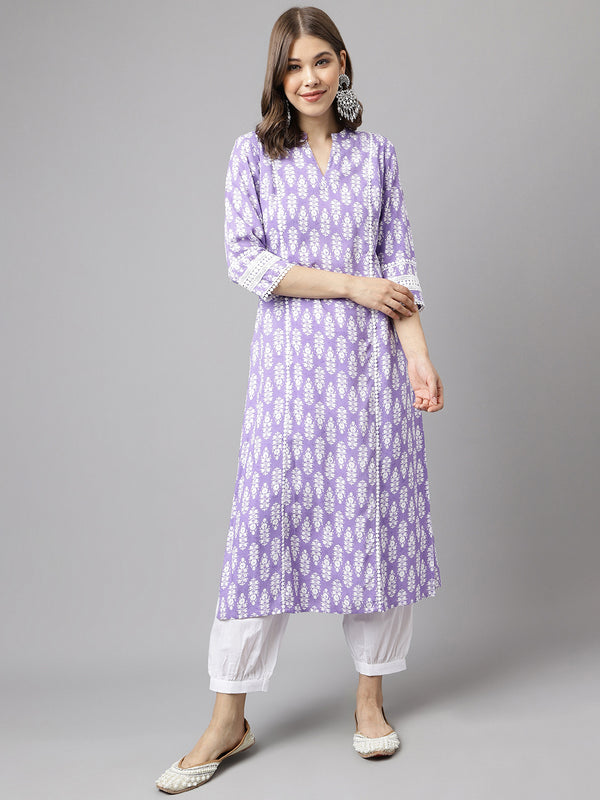 Light Purple Cotton A-Line Printed Work Kurta Sets