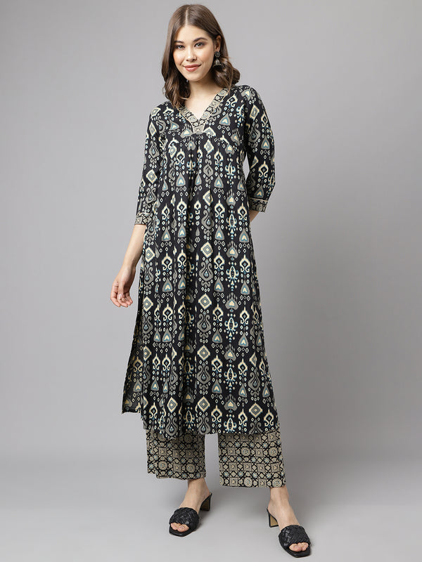 Black Cotton A-Line Printed Work Kurta Sets