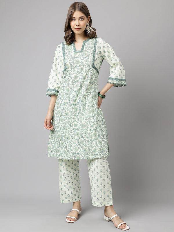 Sea Green Cotton A-Line Printed Work Kurta Sets