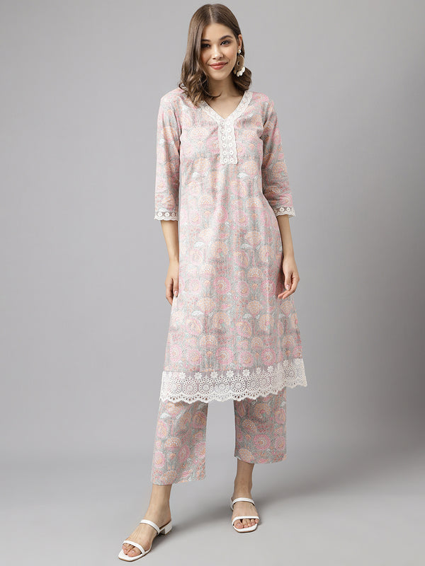 Pink Cotton A-Line Printed Work Kurta Sets