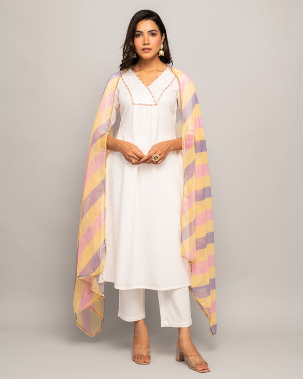 Whiite Cotton A-Line Printed Work Kurta Sets