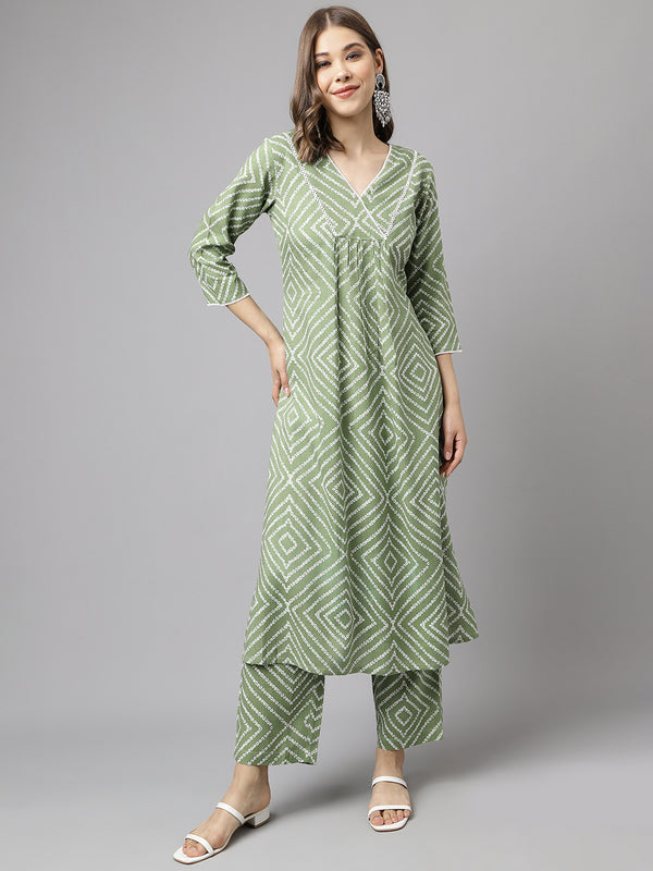 Green Cotton A-Line Printed Work Kurta Sets